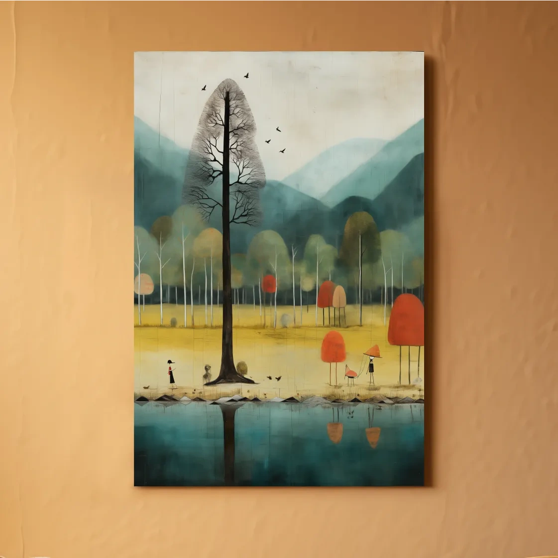 Quirky characters by a lake in fall, textured painting effect, whimsical autumn forest wall art print