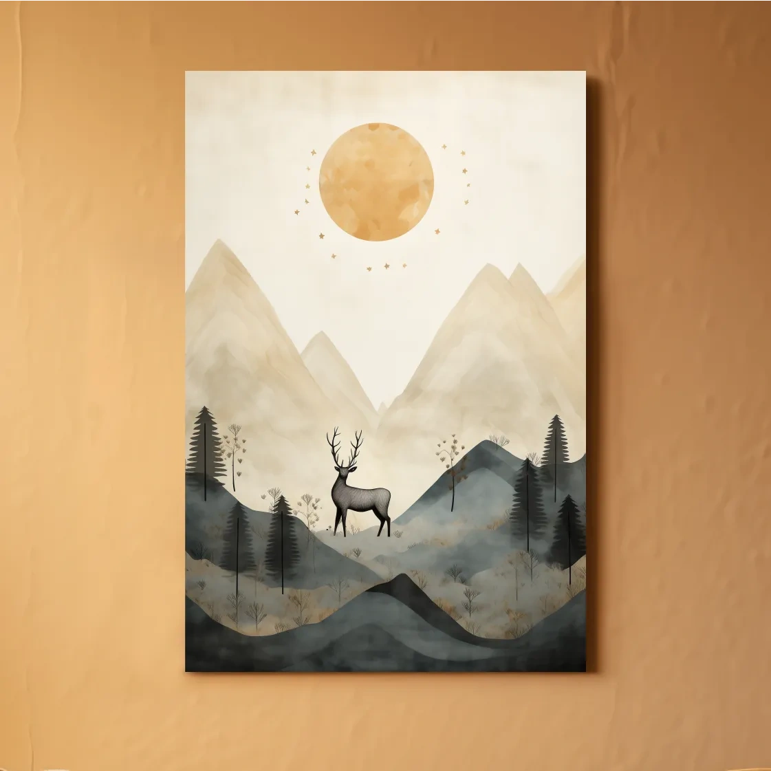 Deer standing in the forest under the night sky, quirky illustration art