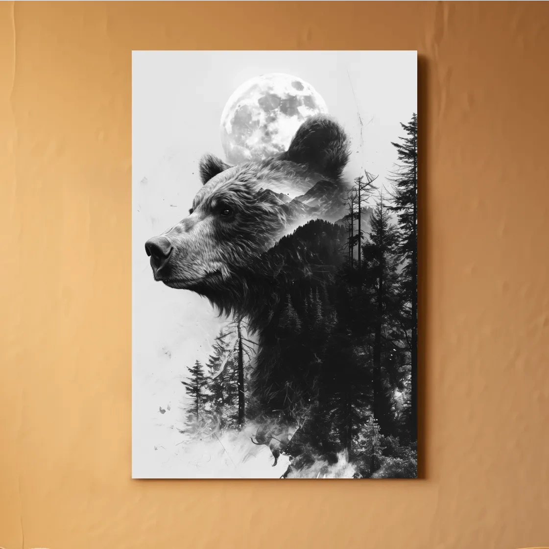 Double exposure style drawing artwork of a bear, forest, glacier and moon