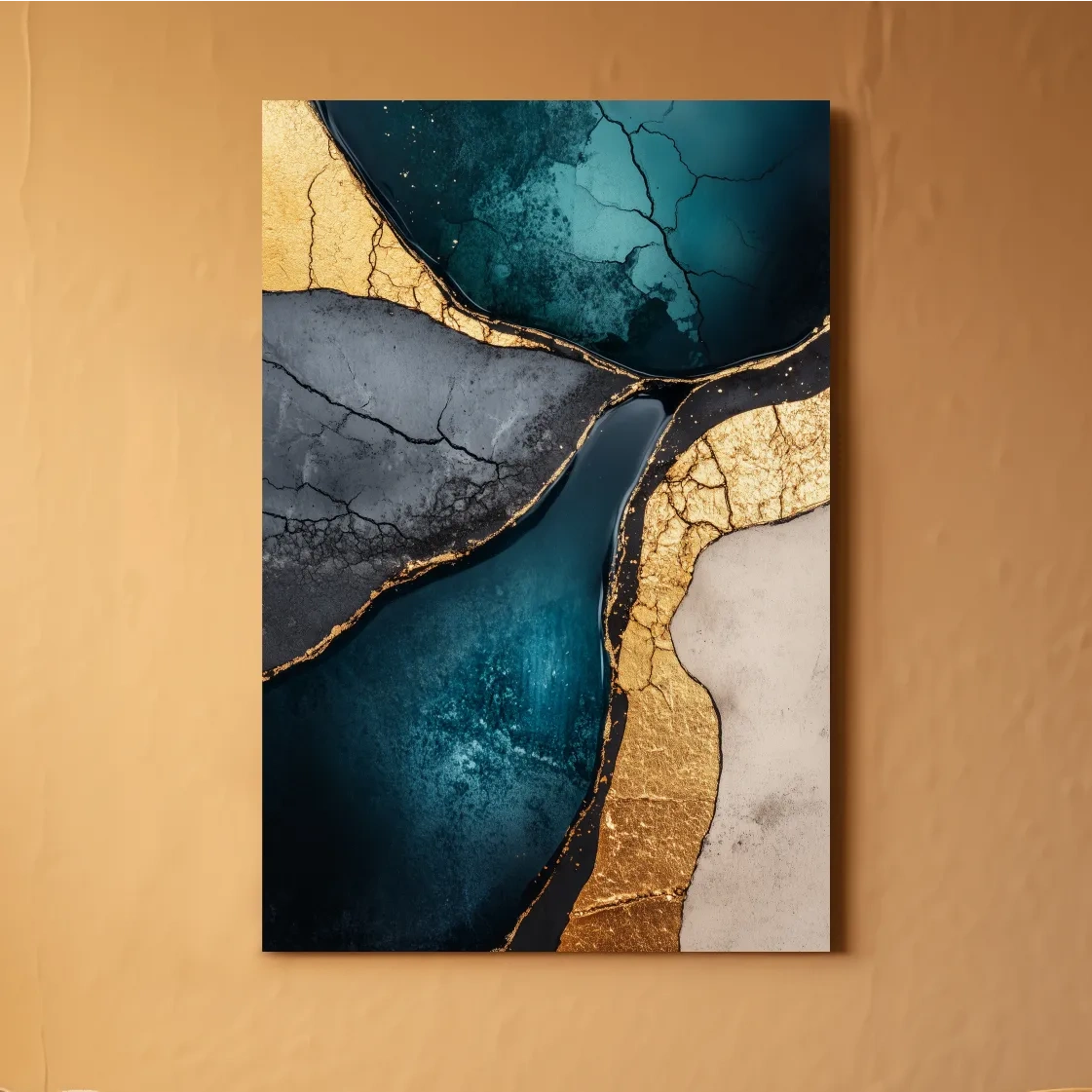 Elegant wall art, gold and teal cracked natural texture elements