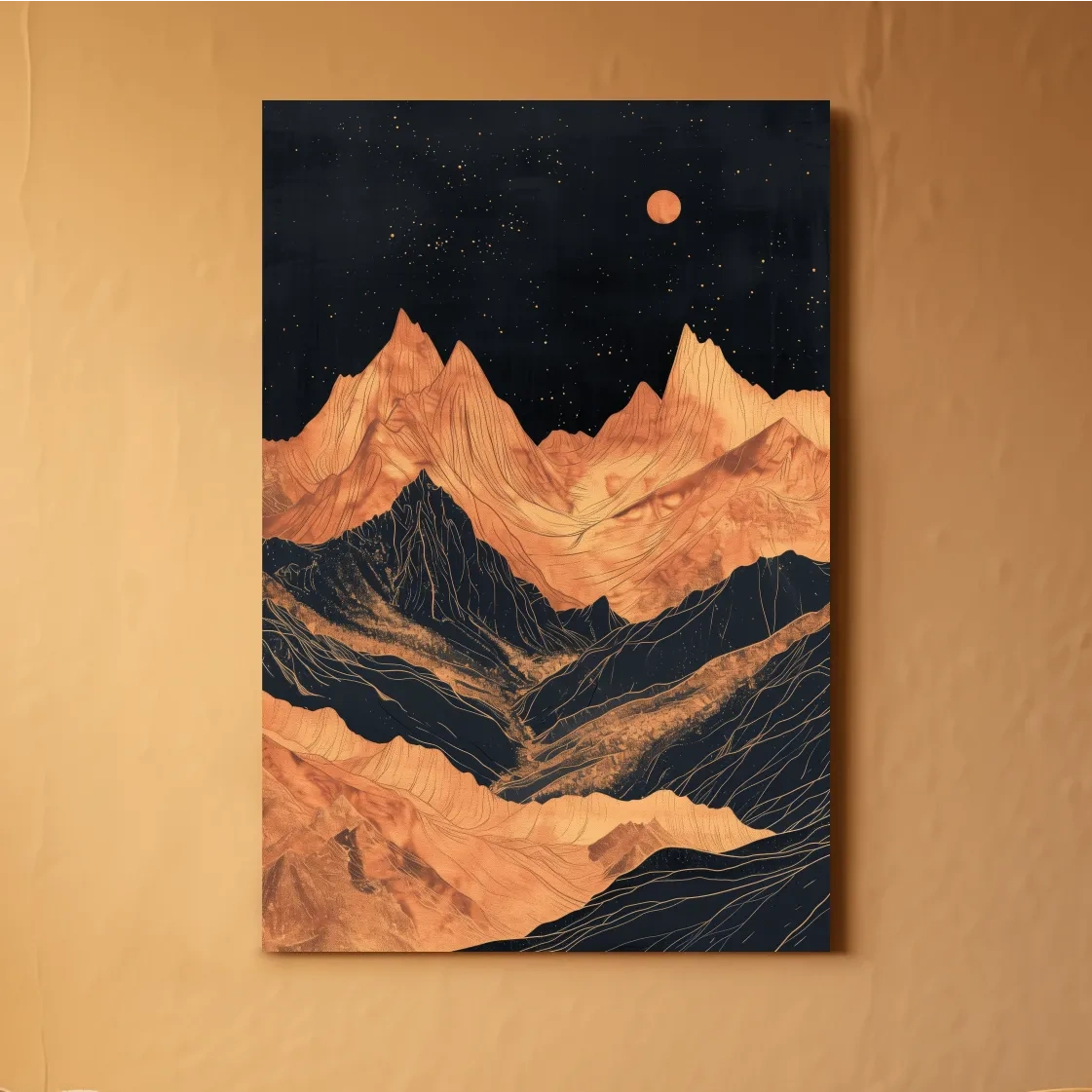 Moonlit elegant mountain artwork, metallic block print effect