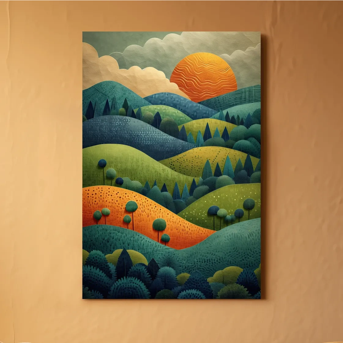 Rolling hills and trees at sunset mountain artwork, 3d layered paper cutout effect