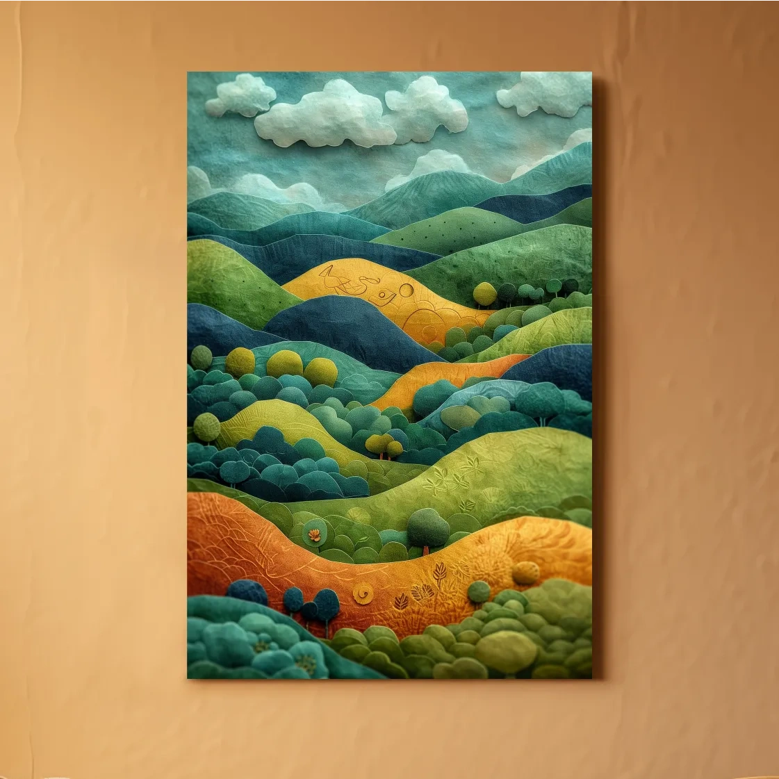 Abstract surreal mountain scene artwork, whimsical landscape in 3D layered style
