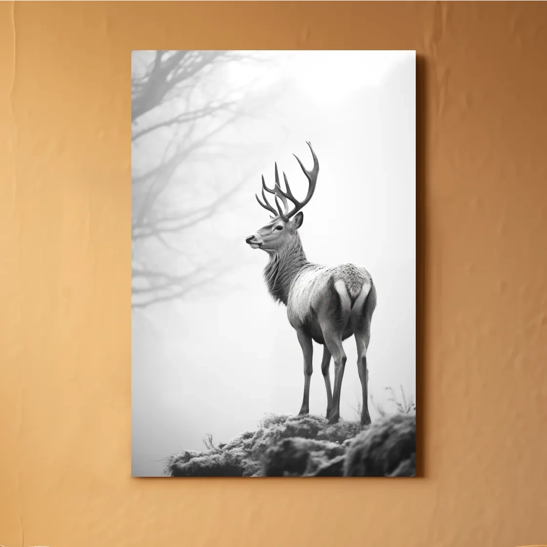 Black and white photograph of a majestic deer on a winter morning, serene wildlife artwork