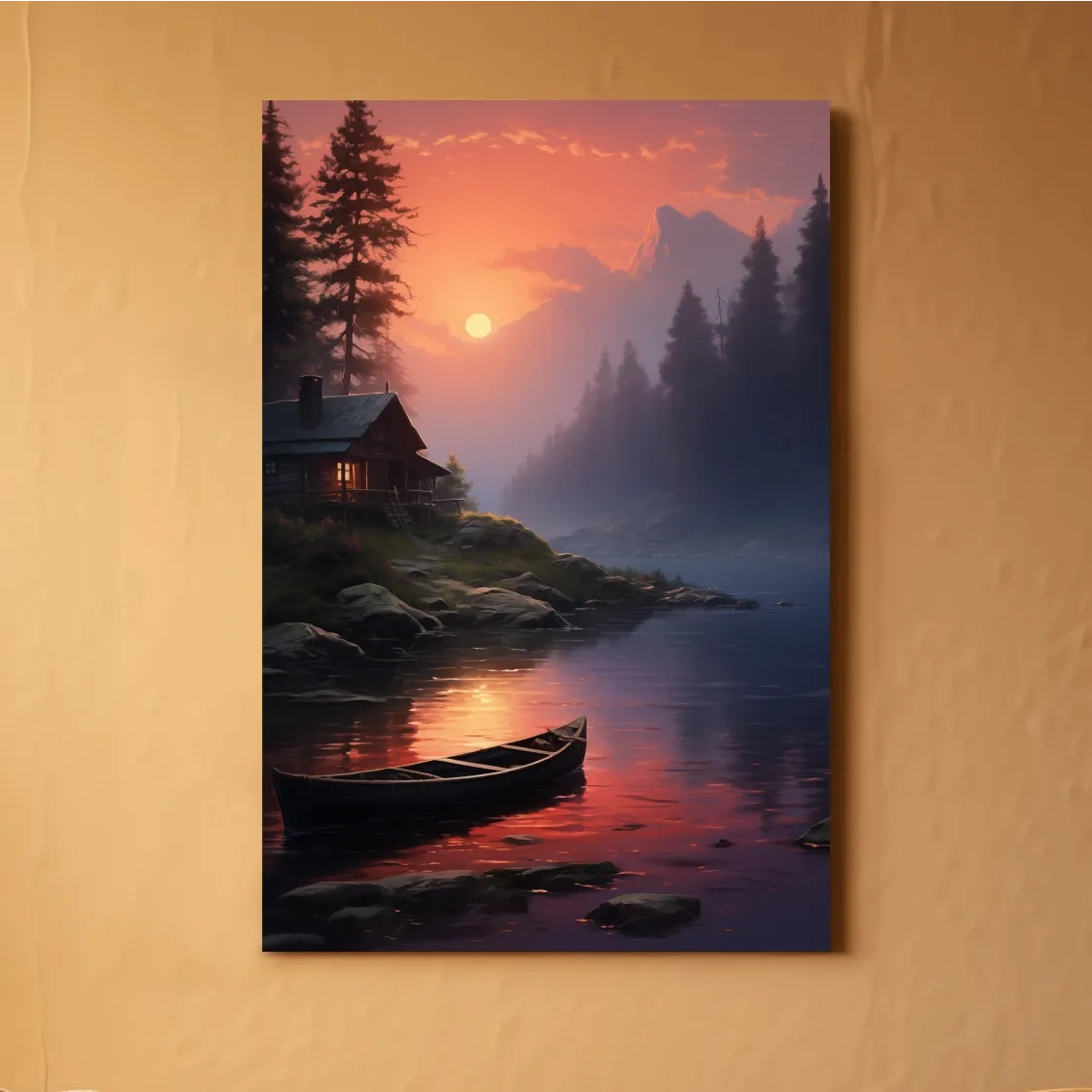 Beautiful painting of a cabin on a misty lake at sunset