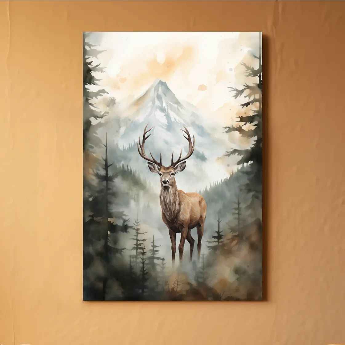 Watercolour painting of a deer standing in a misty forest