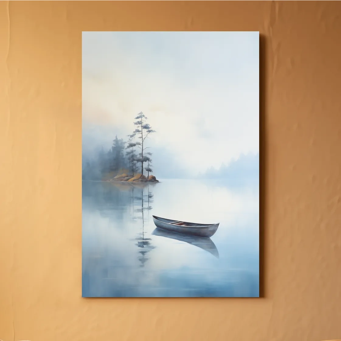Watercolor painting, canoe on a misty lake, serene wall artwork