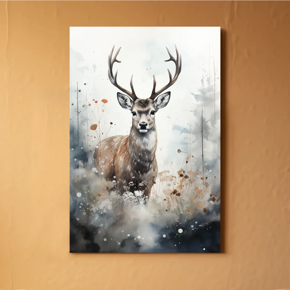 Rough textured watercolour painting of a deer buck standing in the forest