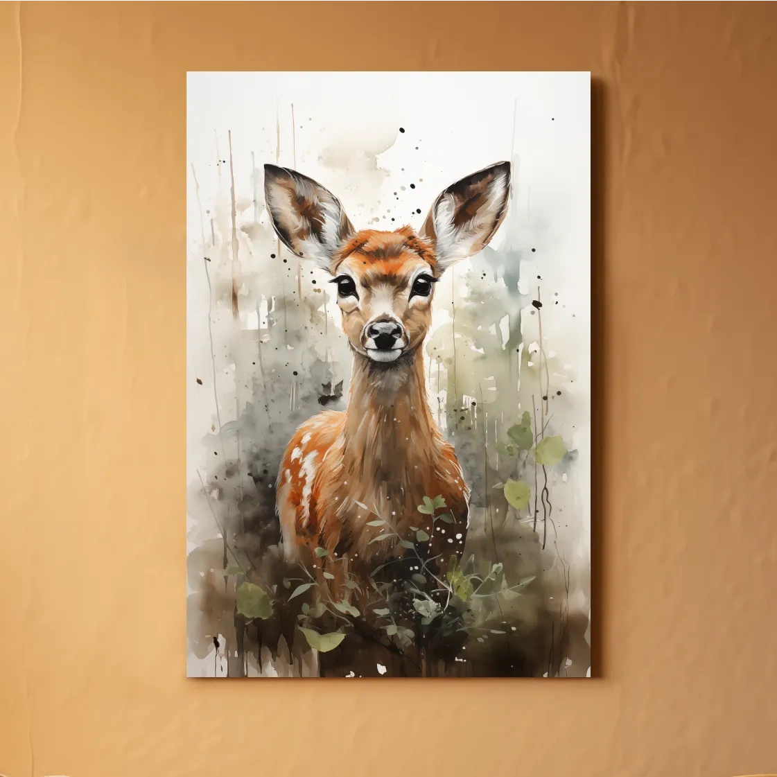 Watercolor fawn wall art, delicate forest setting artwork