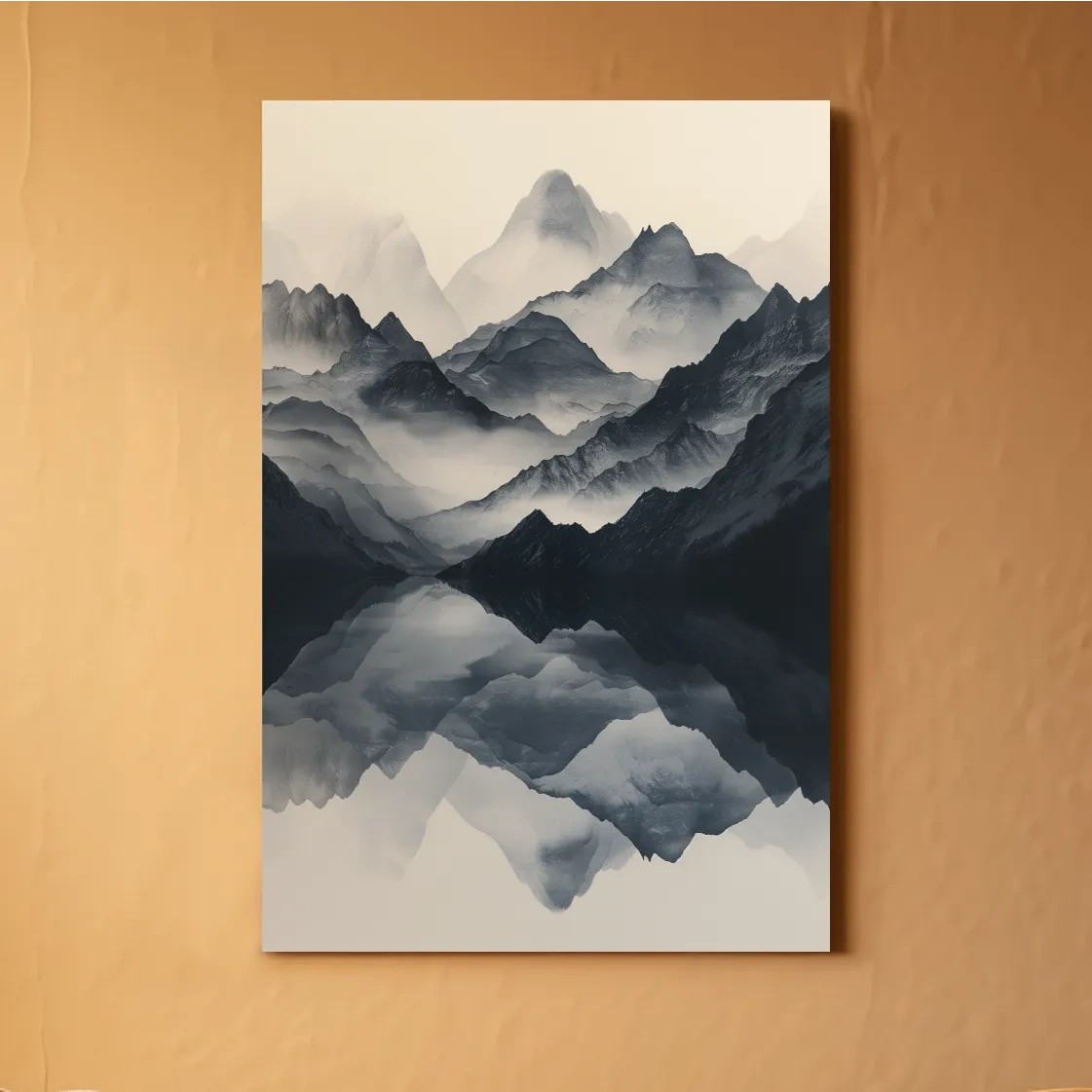 Monochrome Misty Mountain Reflection Landscape - Minimalist Japandi Wall Art
