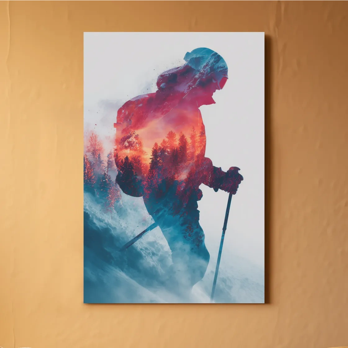 Skiing photography wall artwork, vibrant double exposure sunset and forest scene