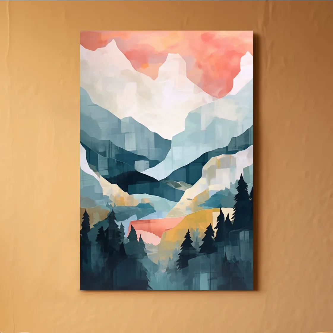 Abstract Watercolor Alpine Mountains At Sunrise - Modern Forest Landscape Artwork