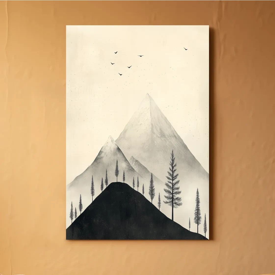 Minimalist mountain artwork with alpine trees and birds, monochrome wall art design