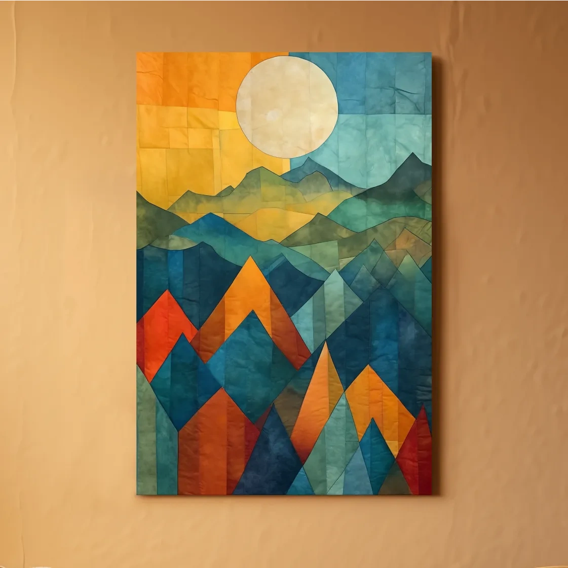 Geometric Patchwork Sunlit Mountain Range Painting - Colorful Abstract Alpine Wall Art