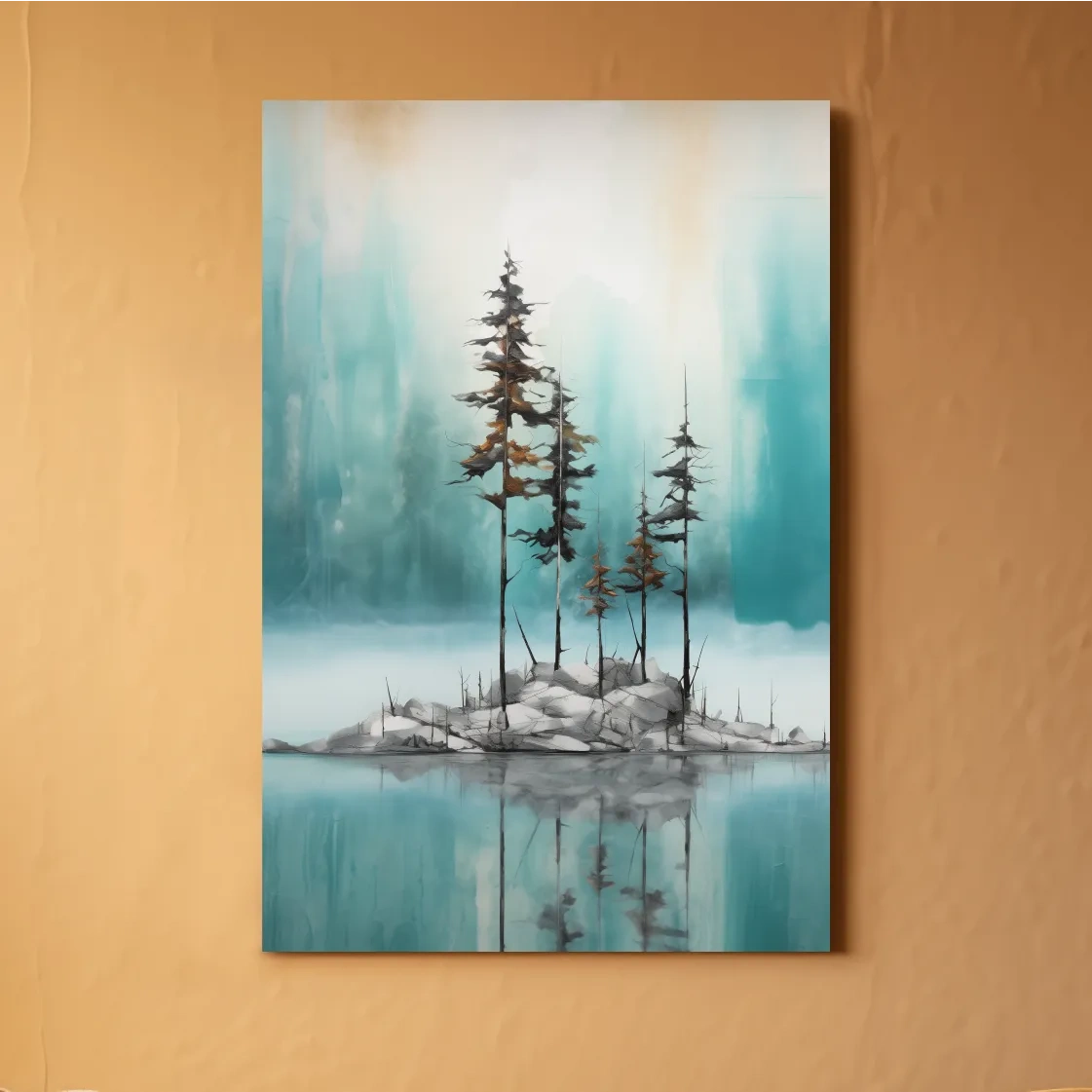 Misty Pine Trees Reflection - Watercolor Turquoise Alpine Lake Wall Art