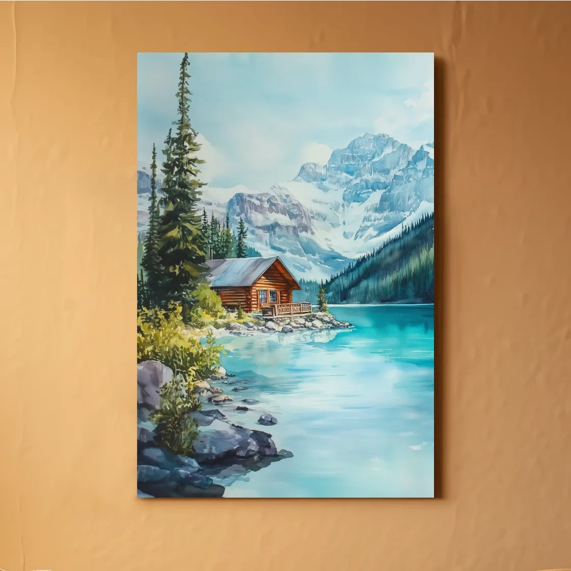 Turquoise Alpine Lake Cabin Watercolor - Serene Snowy Mountain Wall Art