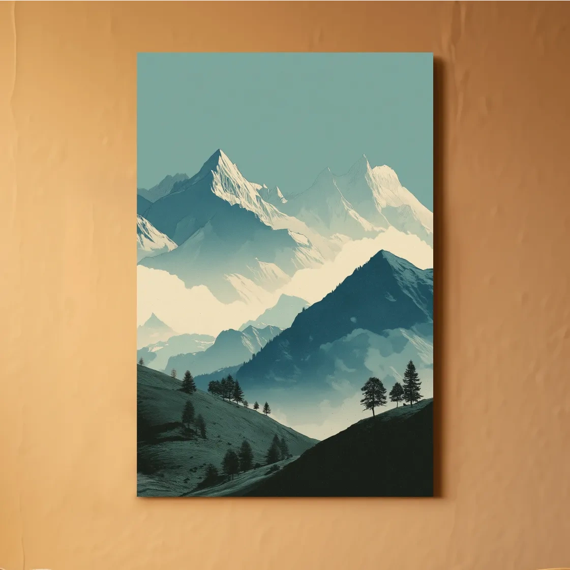 Misty Alpine Mountain Peaks Illustration - Serene Landscape Wall Art