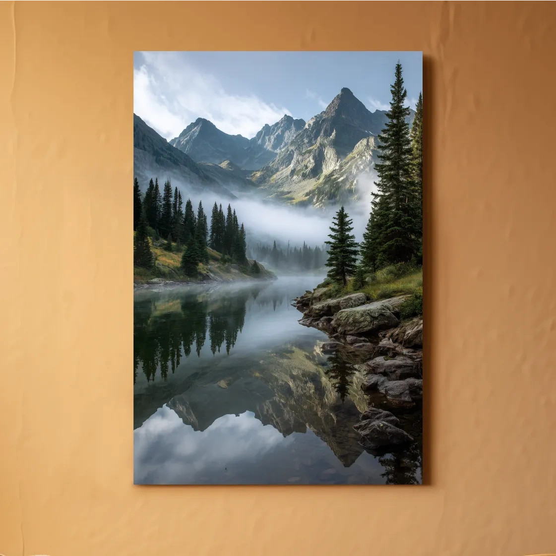Misty Alpine Lake Photography - Serene Mountain Forest Wall Art