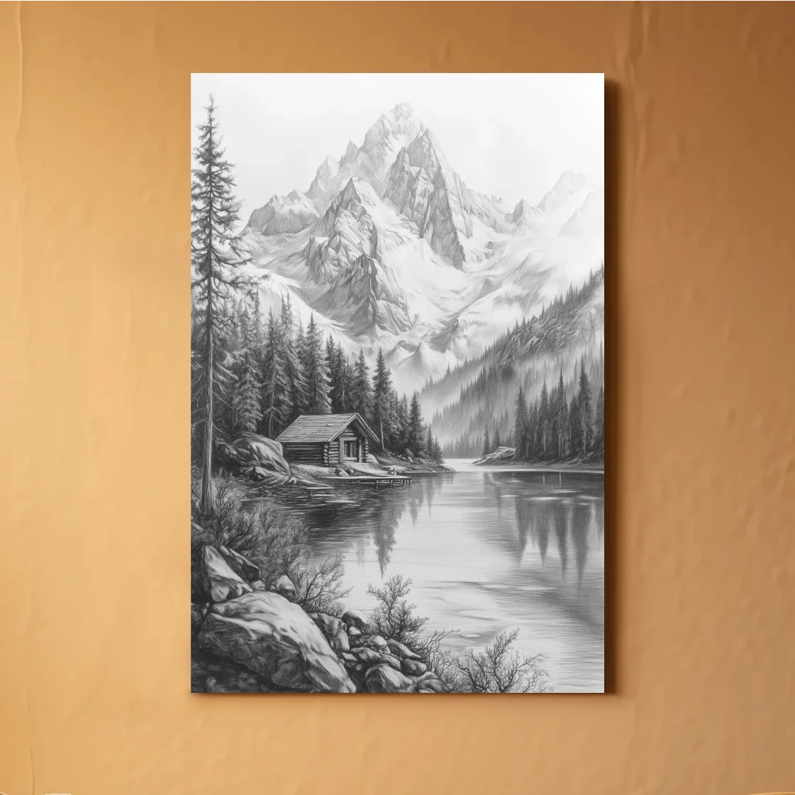 Monochrome Alpine Lake Cabin Sketch Art - Mountain Drawing Wall Art