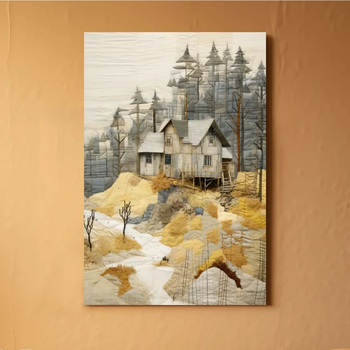 Rustic Woodland Cabin Landscape Quilt Art - Patchwork Style Mixed Media Wall Art