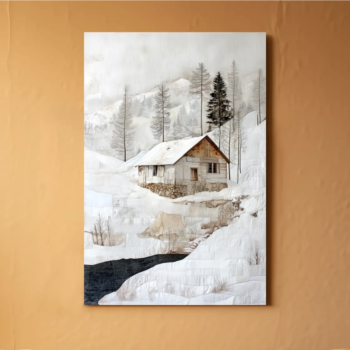 Snowy Mountain Cabin Textured Painting - Winter Landscape Wall Art