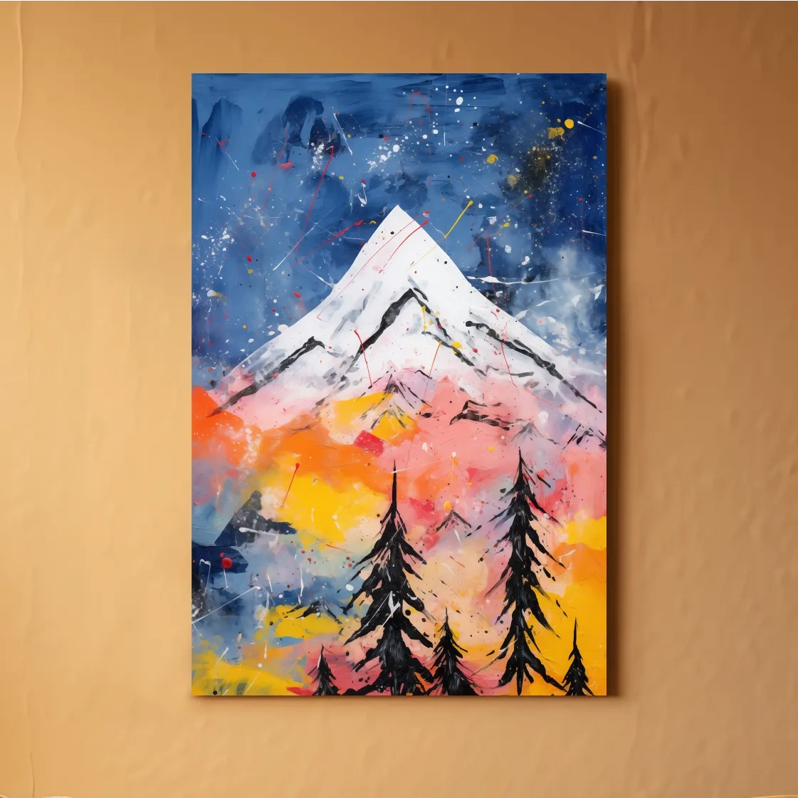 Vibrant Abstract Mountain Peak Sunset Painting - Colorful Acrylic Splash Forest Wall Art