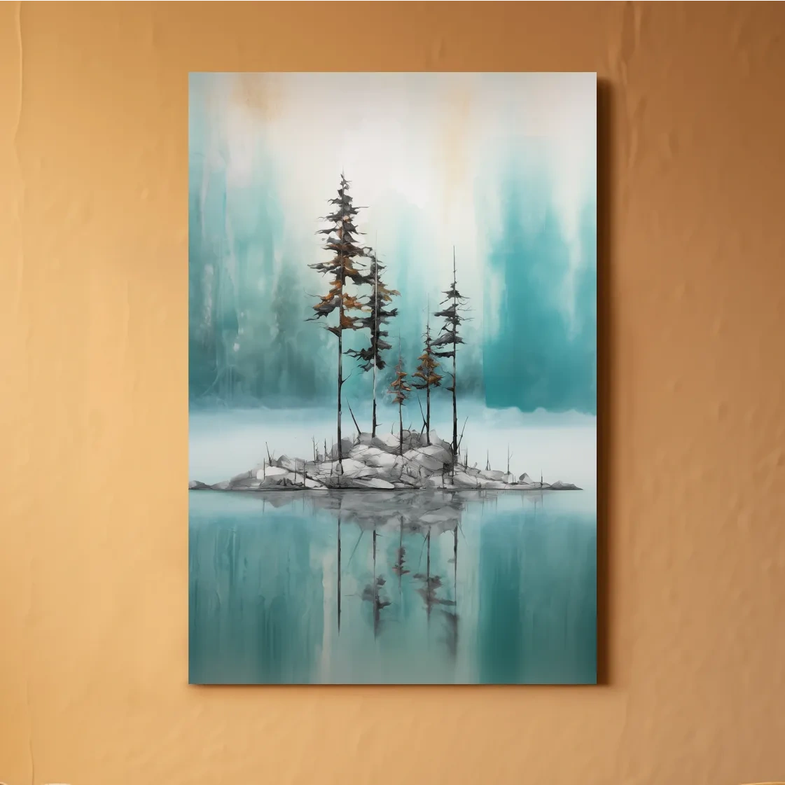 Misty Pine Trees Reflection - Watercolor Turquoise Alpine Lake Wall Art