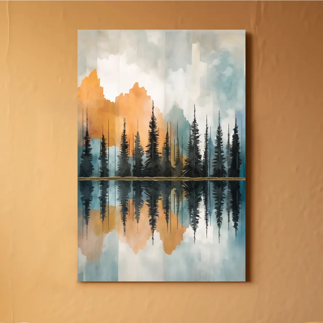 Abstract Watercolor Mountain Lake Reflection - Alpine Forest Landscape Artwork