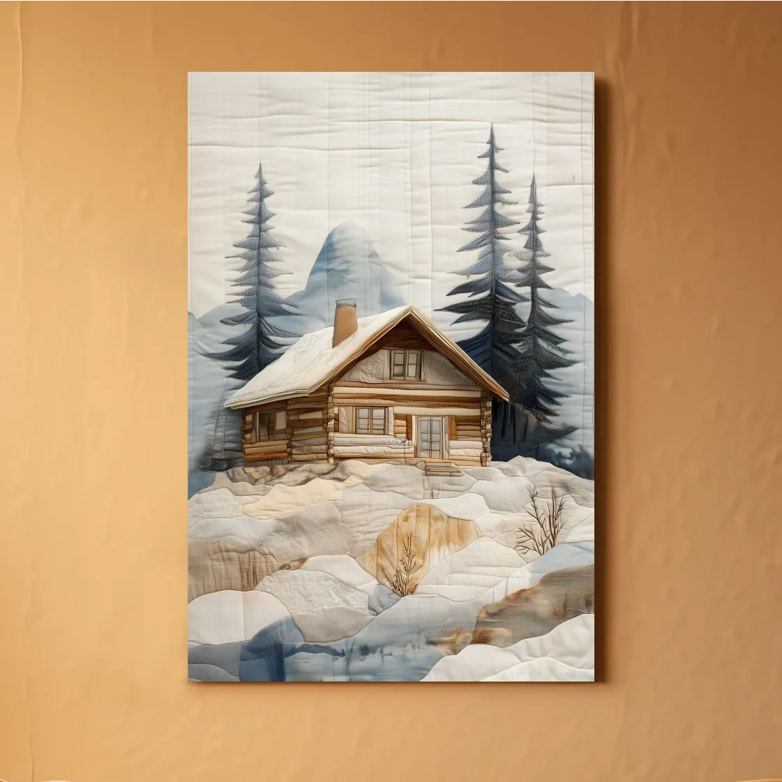 Rustic Winter Cabin In Snowy Pines - Textured Patchwork Fabric Effect Wall Art