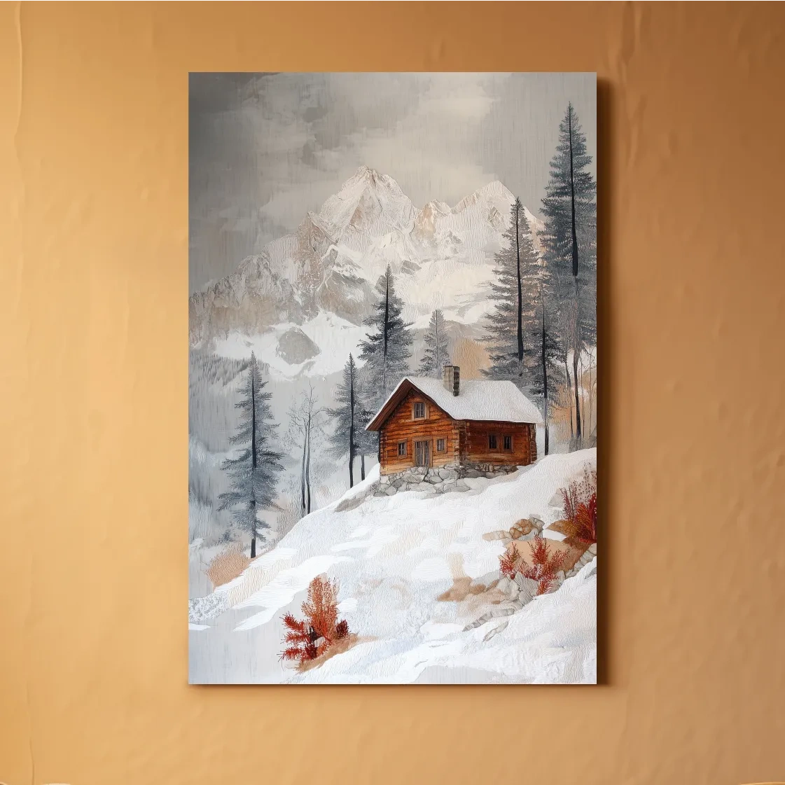 Snowy Mountain Cabin Landscape Painting - Rustic Winter Wilderness Wall Art