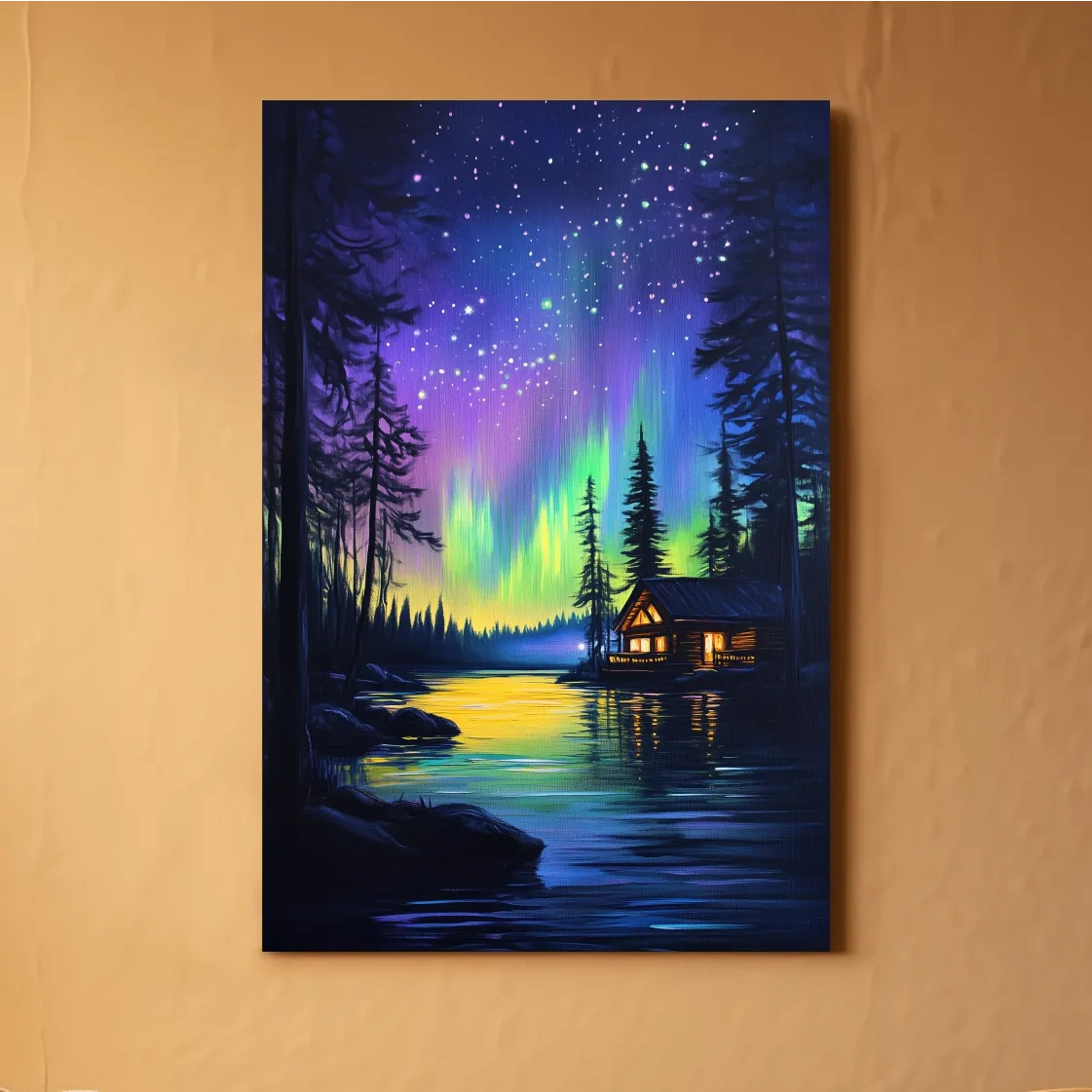 Vibrant Northern Lights Lakeside Cabin Painting - Aurora Borealis Night Landscape Wall Art