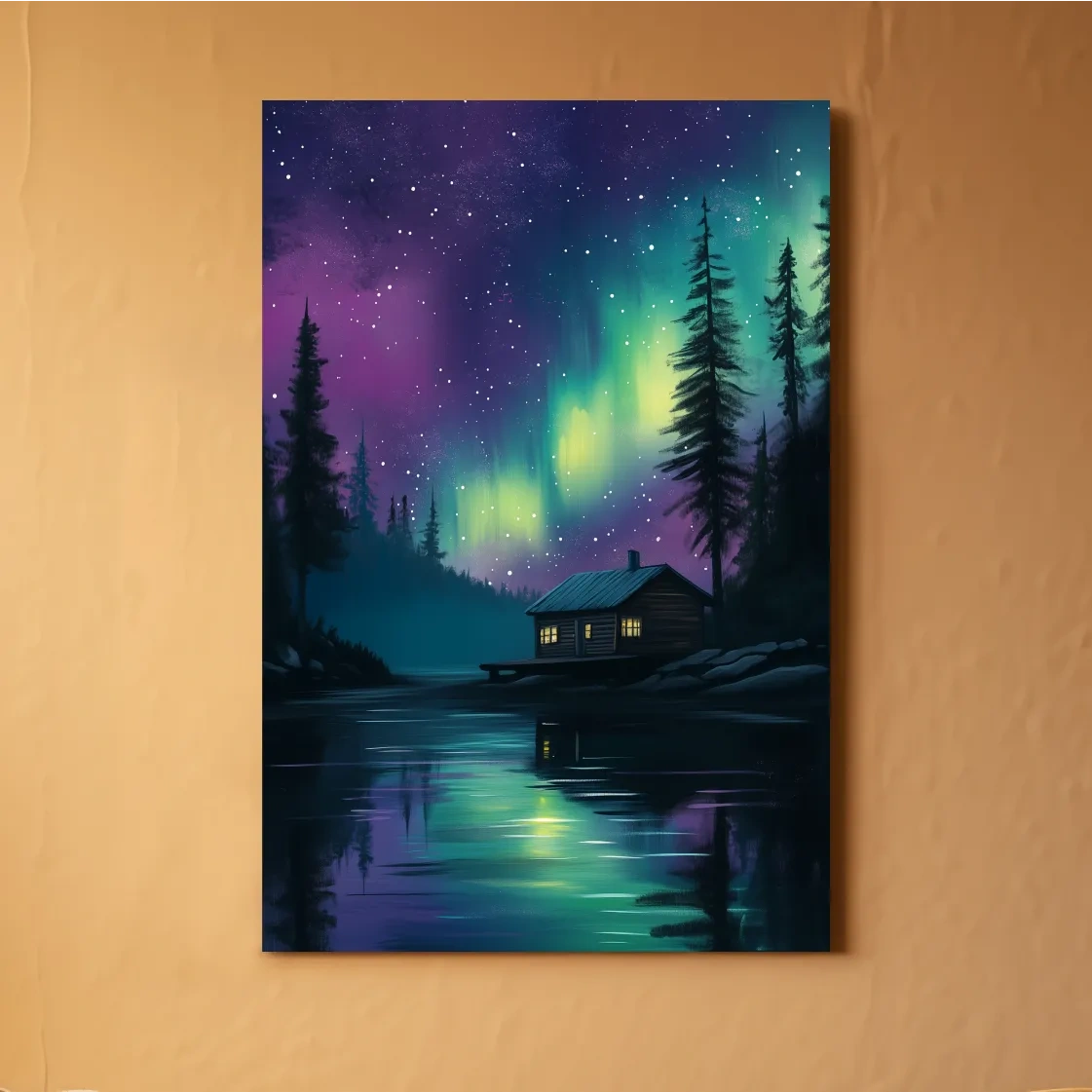 Aurora Borealis Lake Cabin Painting - Northern Lights Wall Art