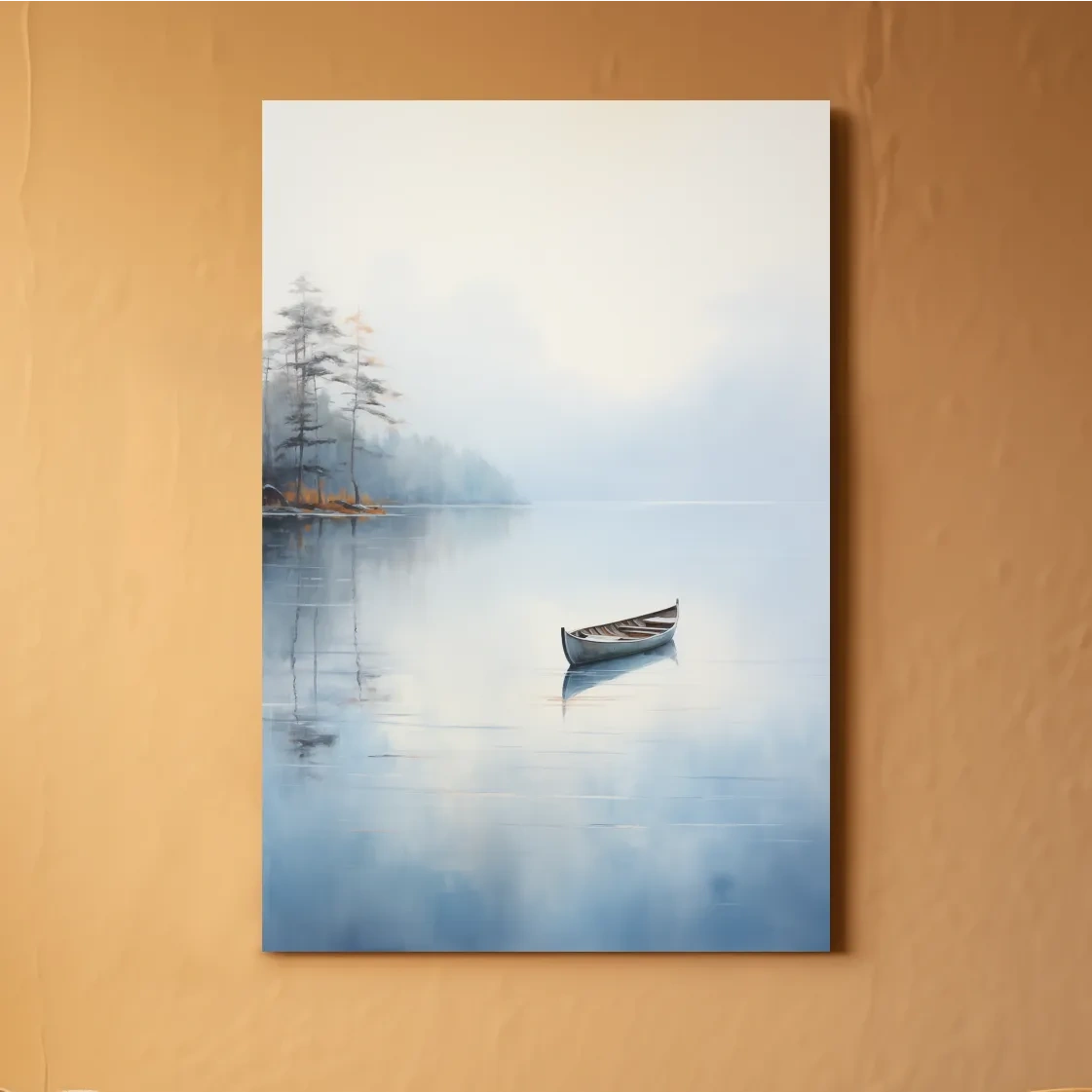 Misty Lake Canoe Reflection Painting - Serene Minimalist Waterscape Wall Art