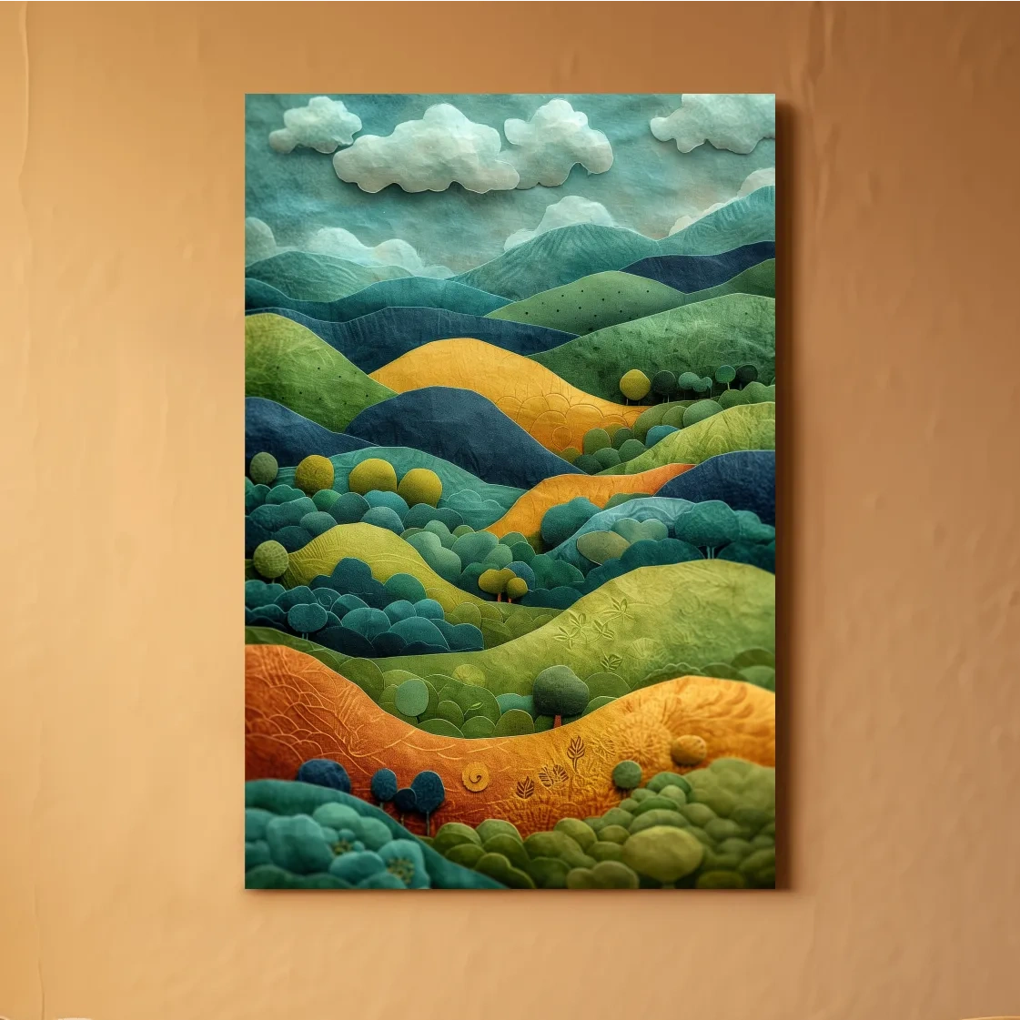 3D Layered Paper Cut Style Mountain Artwork - Whimsical Surreal Landscape Wall Art