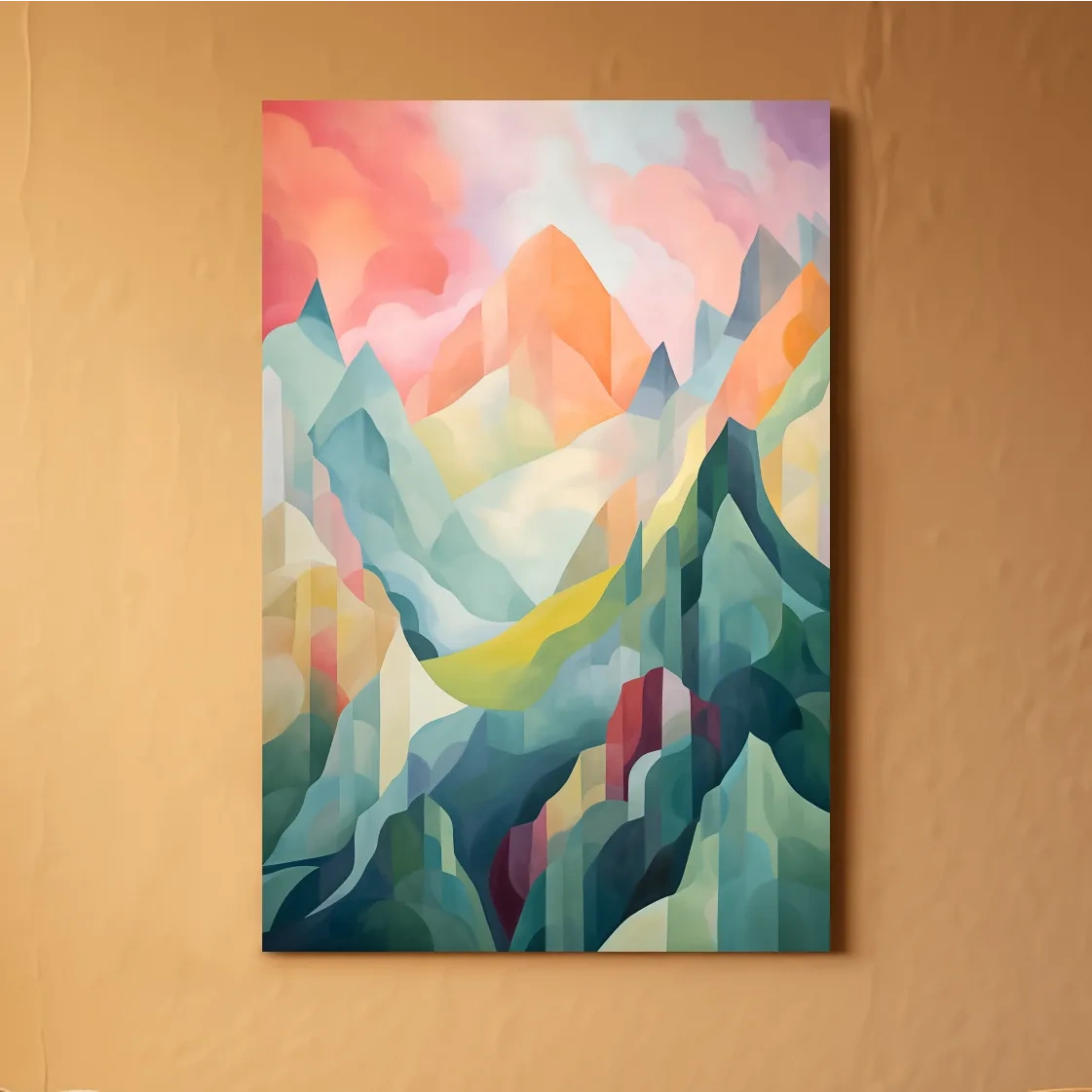 Vibrant Abstract Pastel Mountain Sunset - Geometric Watercolor Style Wall Art