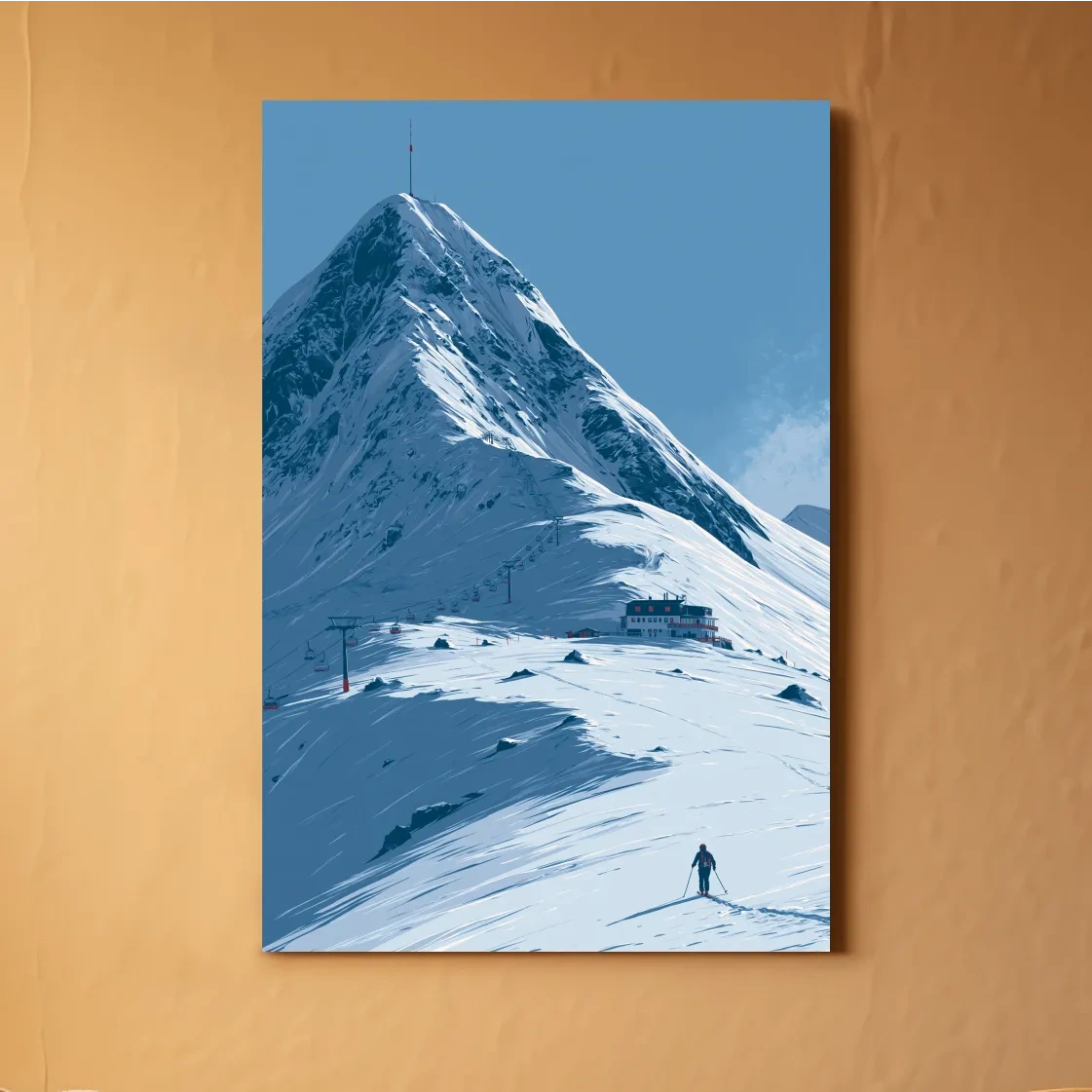 Alpine Mountain Skier Artwork - Minimalist Winter Landscape Wall Art