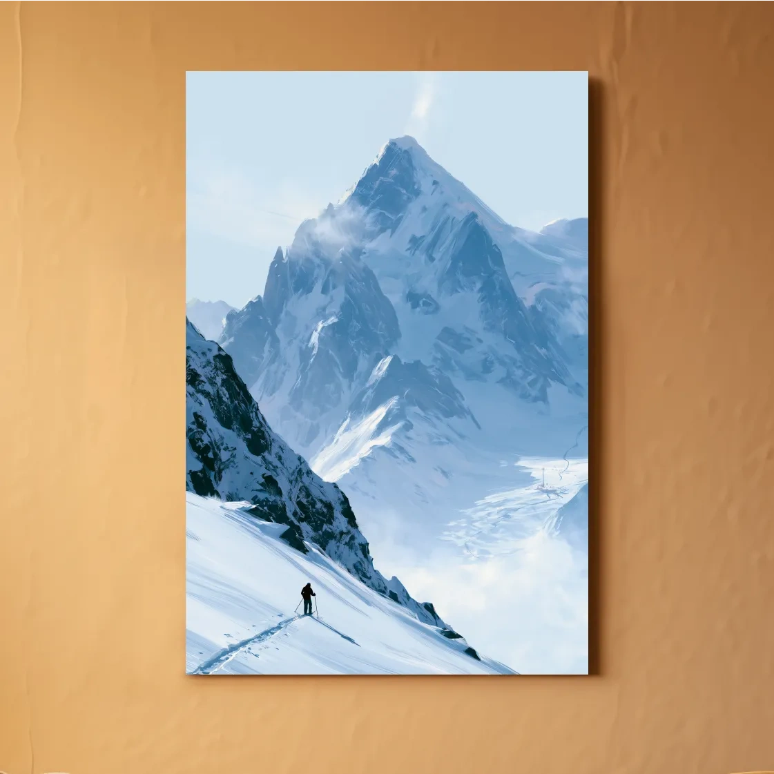 Backcountry Skier Alpine Peak Landscape - Minimalist Winter Mountain Wall Art