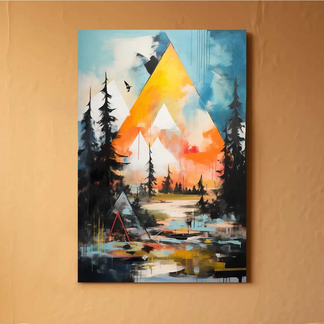 Vibrant Abstract Mountain Painting - Modern Geometric Alpine Forest Wall Art