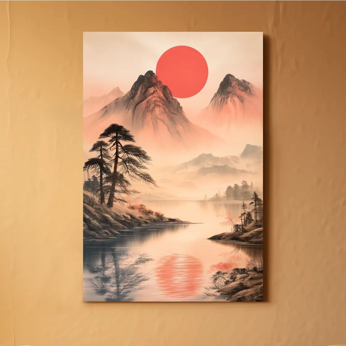 Zen Misty Mountain Lake Sunrise - Japanese Ink Wash Wall Art