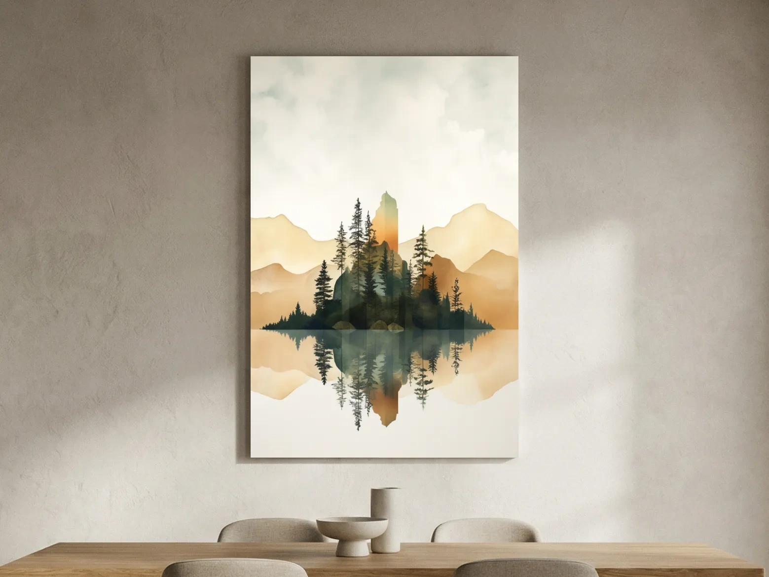 Alpine Mountain Lake Reflection Watercolor - Serene Pine Forest Wall Art