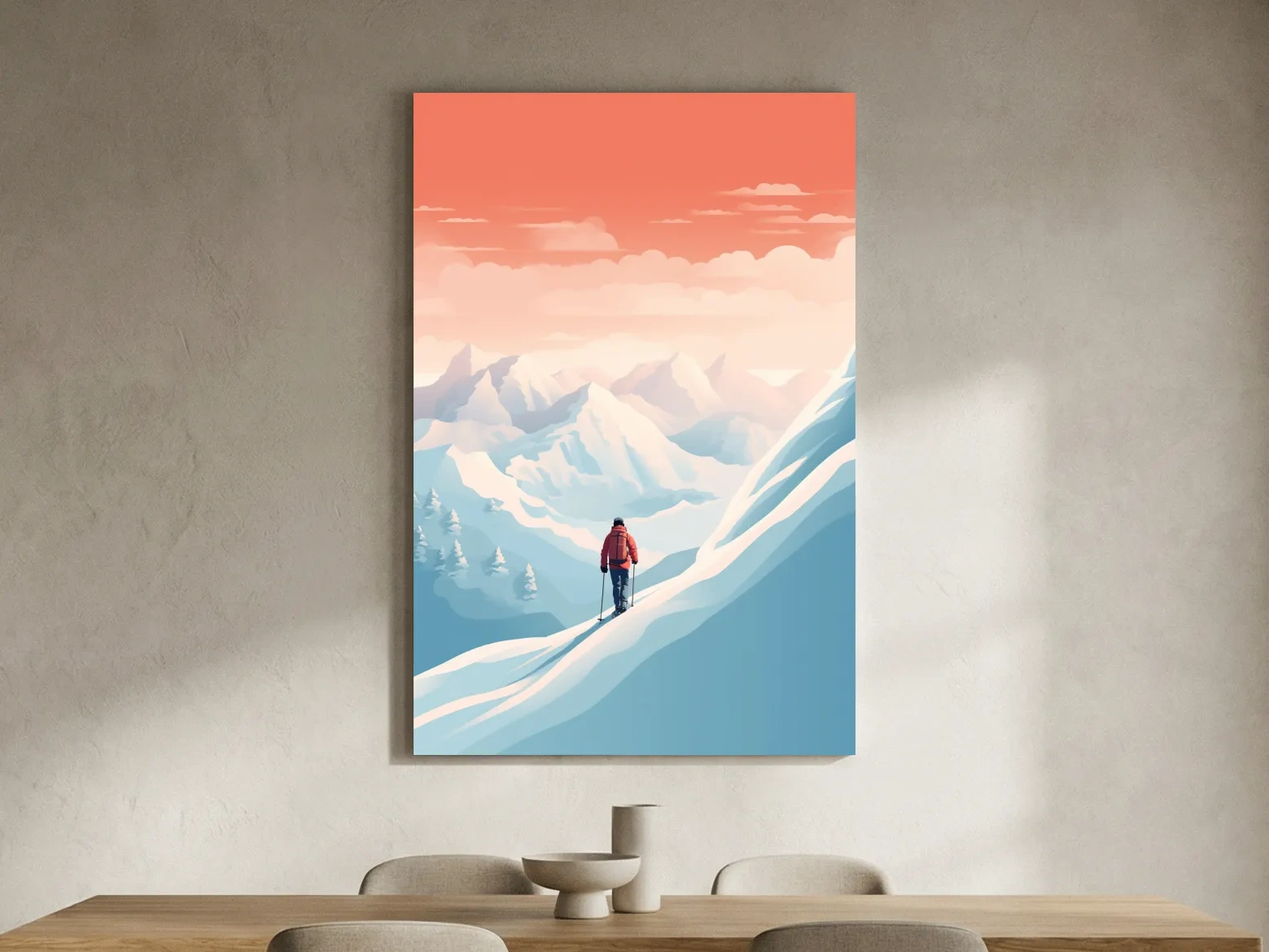 Backcountry Skier In Alpine Sunset - Minimalist Winter Mountains Wall Art