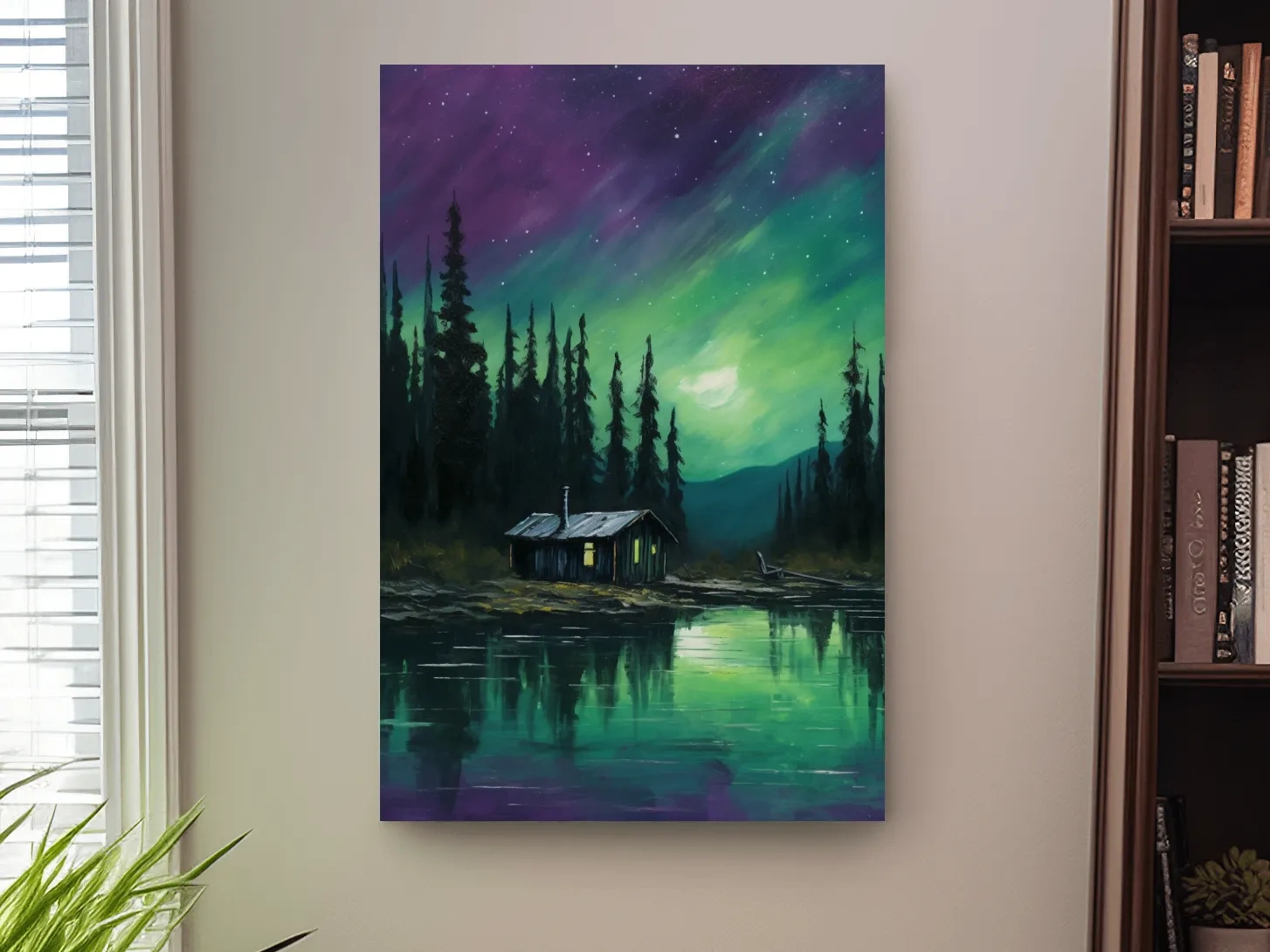 Vibrant Northern Lights Cabin Lake Painting - Aurora Borealis Night Wall Art