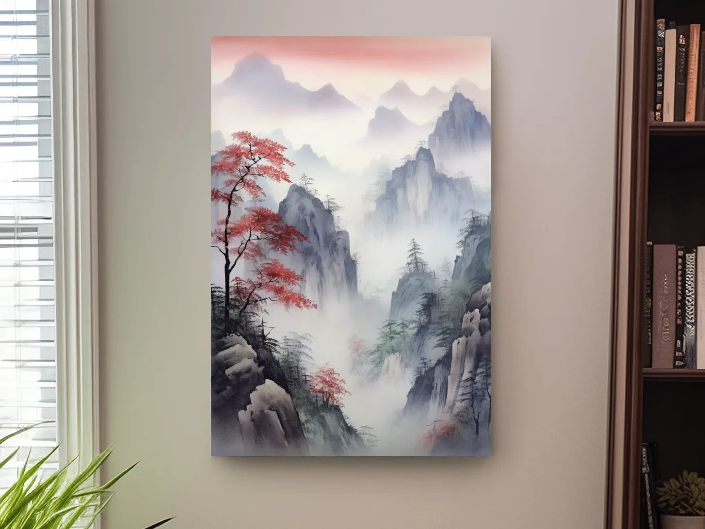 Chinese style ink wash watercolour painting of a foggy mountain scene