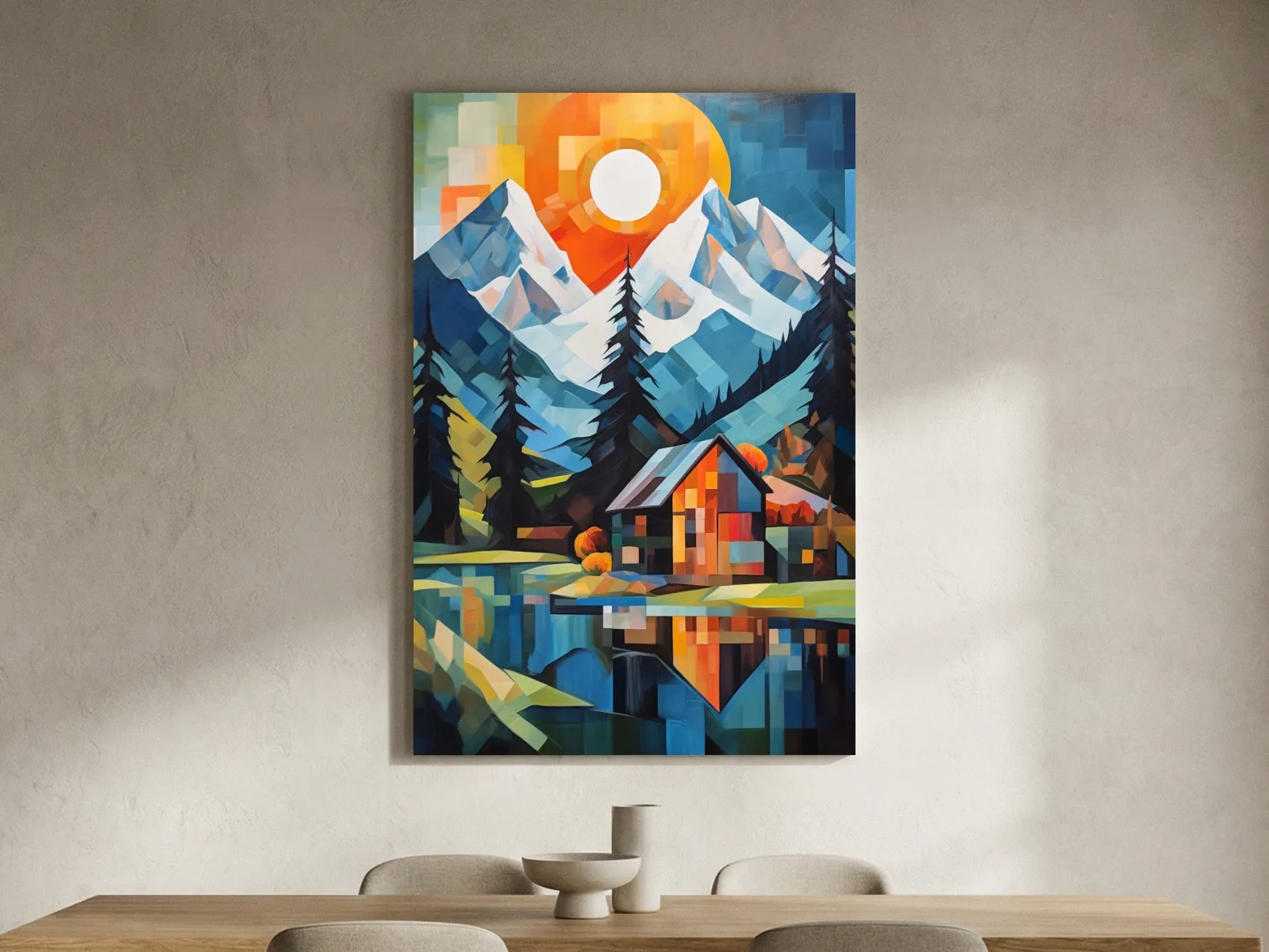 Geometric Alpine Cabin Lake Sunset - Vibrant Impressionist Mountain Wall Art