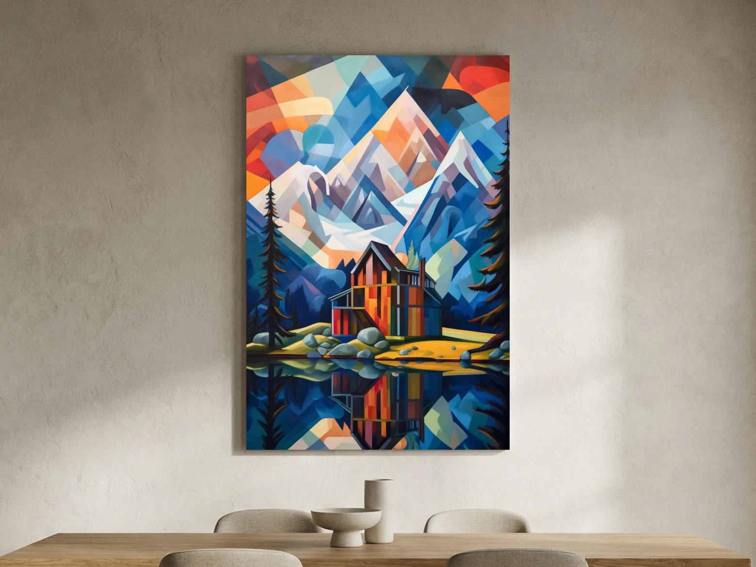 Vibrant Geometric Mountain Lake Cabin Painting - Abstract Alpine Wall Art