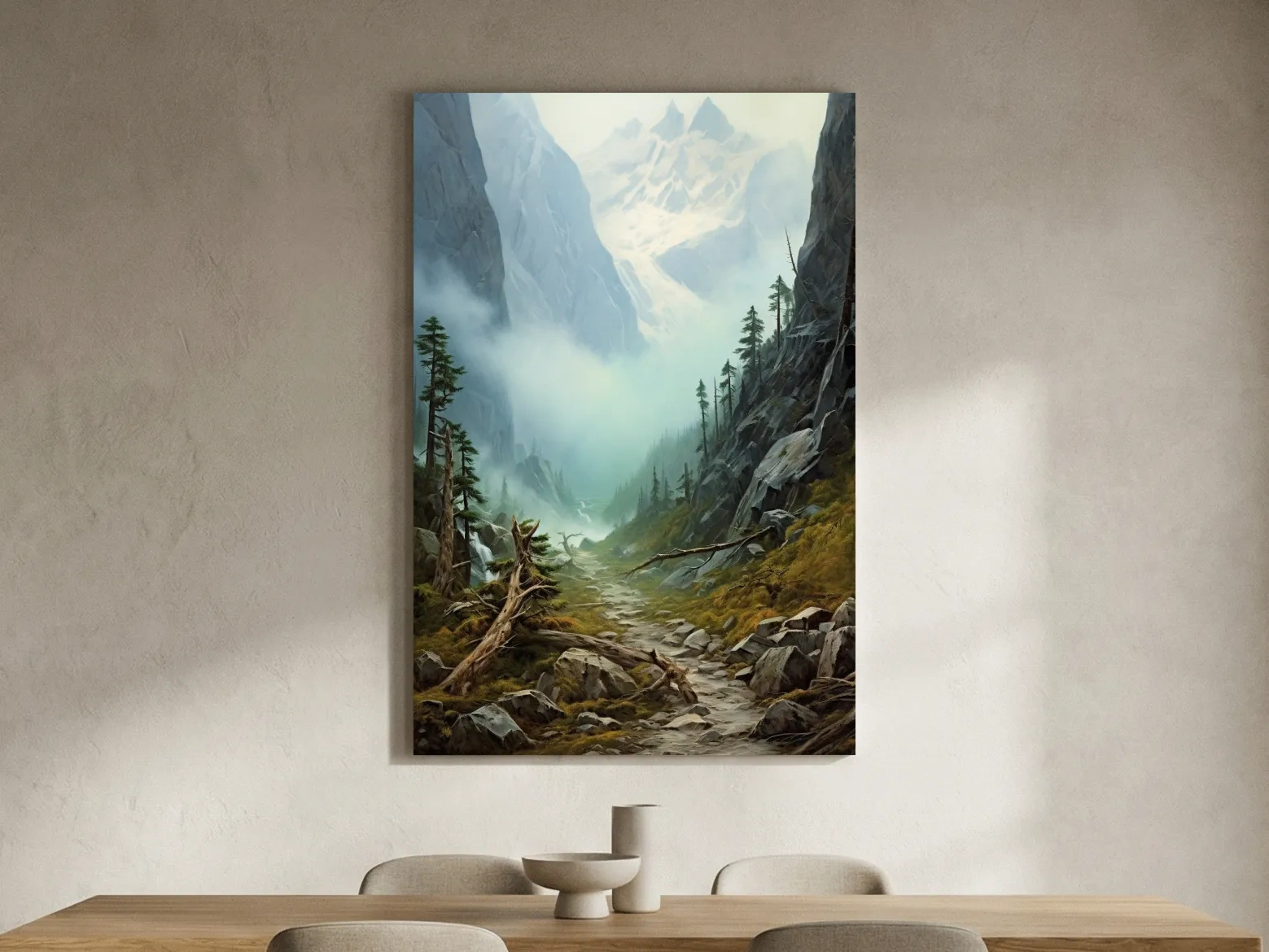 Misty Alpine Mountain Valley Painting - Foggy Pine Forest Wall Art