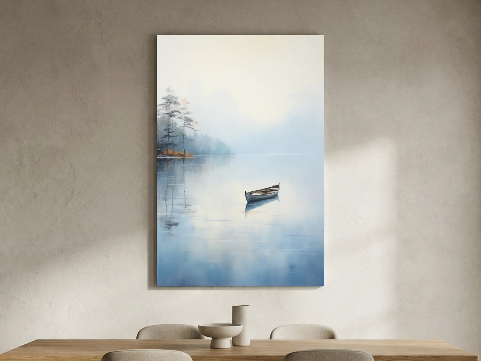 Misty Lake Canoe Reflection Painting - Serene Minimalist Waterscape Wall Art