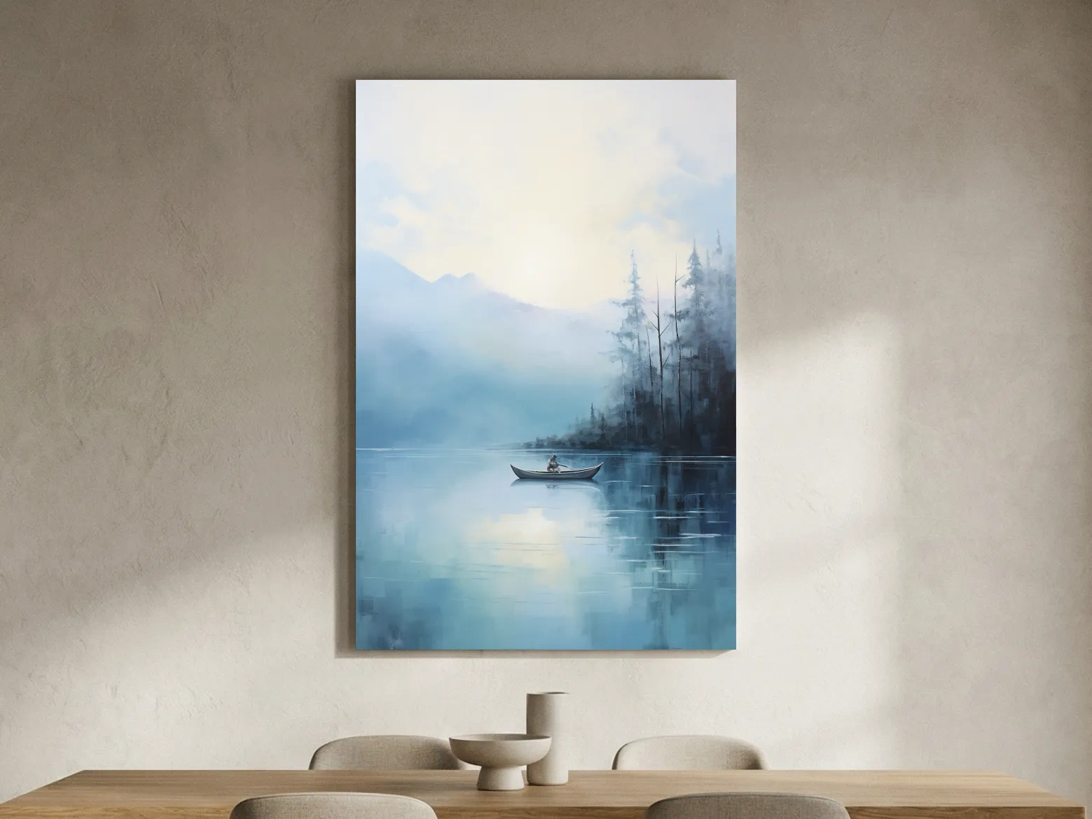 Misty Turquoise Mountain Lake Canoe Painting - Serene Forest Landscape Wall Art