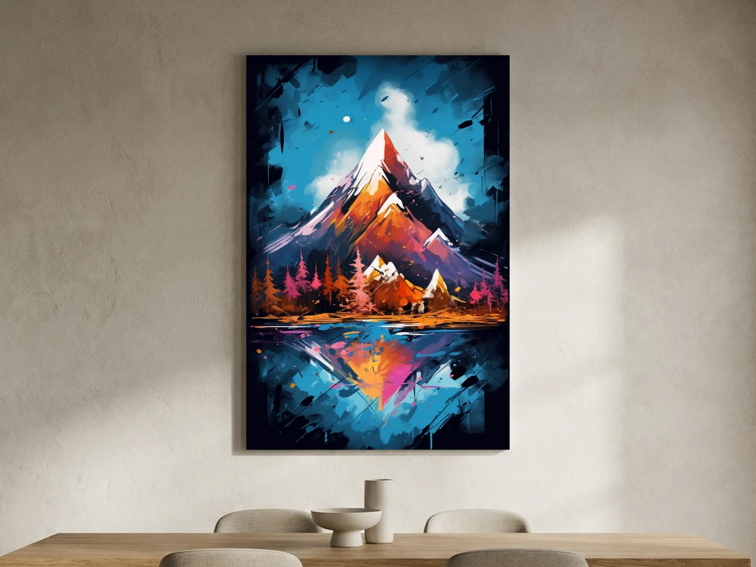 Vibrant Abstract Alpine Lake Painting - Colorful Mountain Forest Wall Art