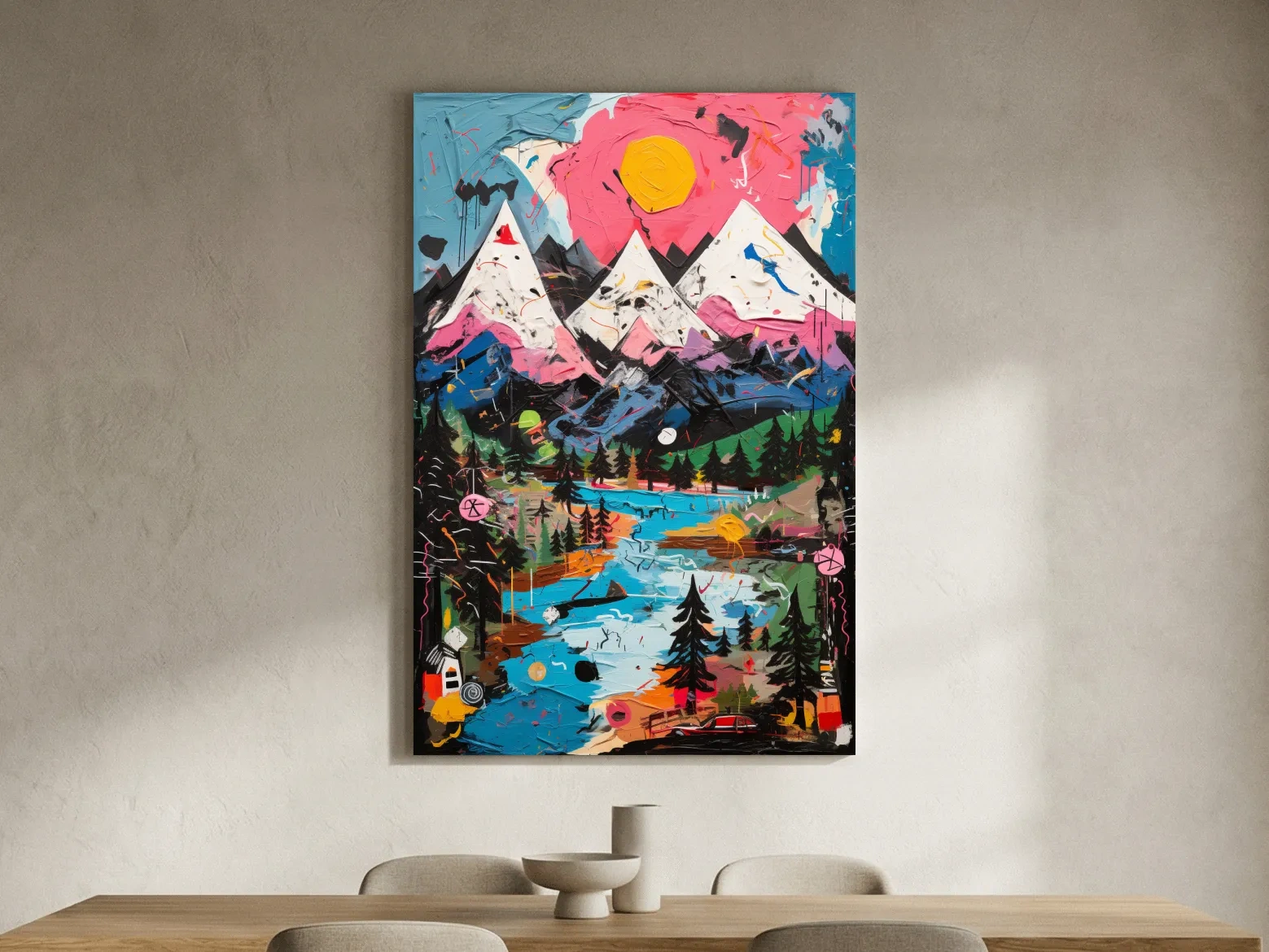 Vibrant Abstract Mountain Lake Sunset Painting - Colorful Modern Landscape Wall Art
